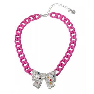 Betsey Johnson Rainbow Crystal Bow Chain Collar Choker Necklace Bright Pink